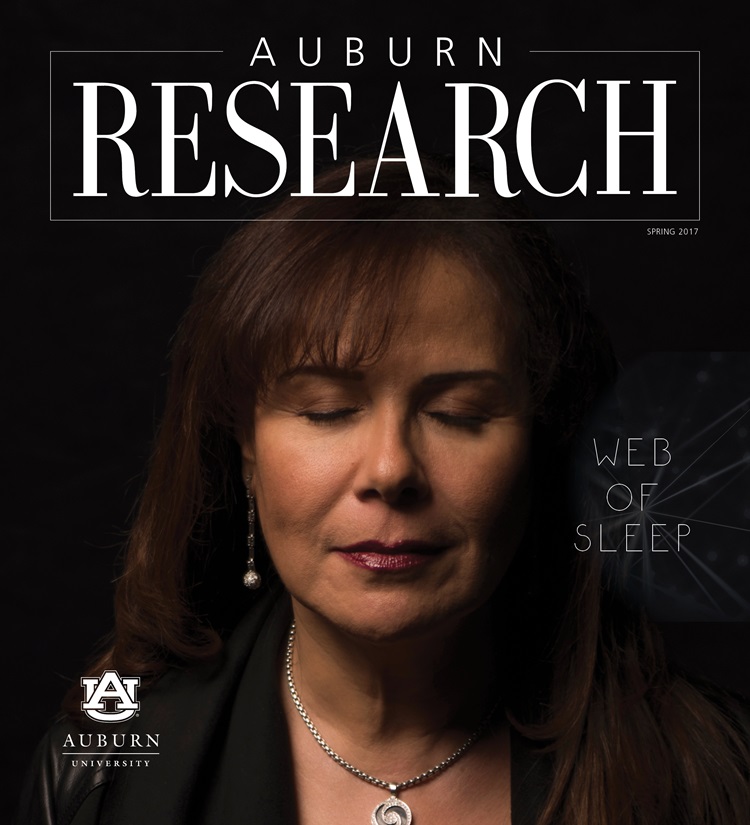 Auburn Research magazine 2017 cover image featuring Mona El-Sheikh with her eyes closed and text, "Web of Sleep"