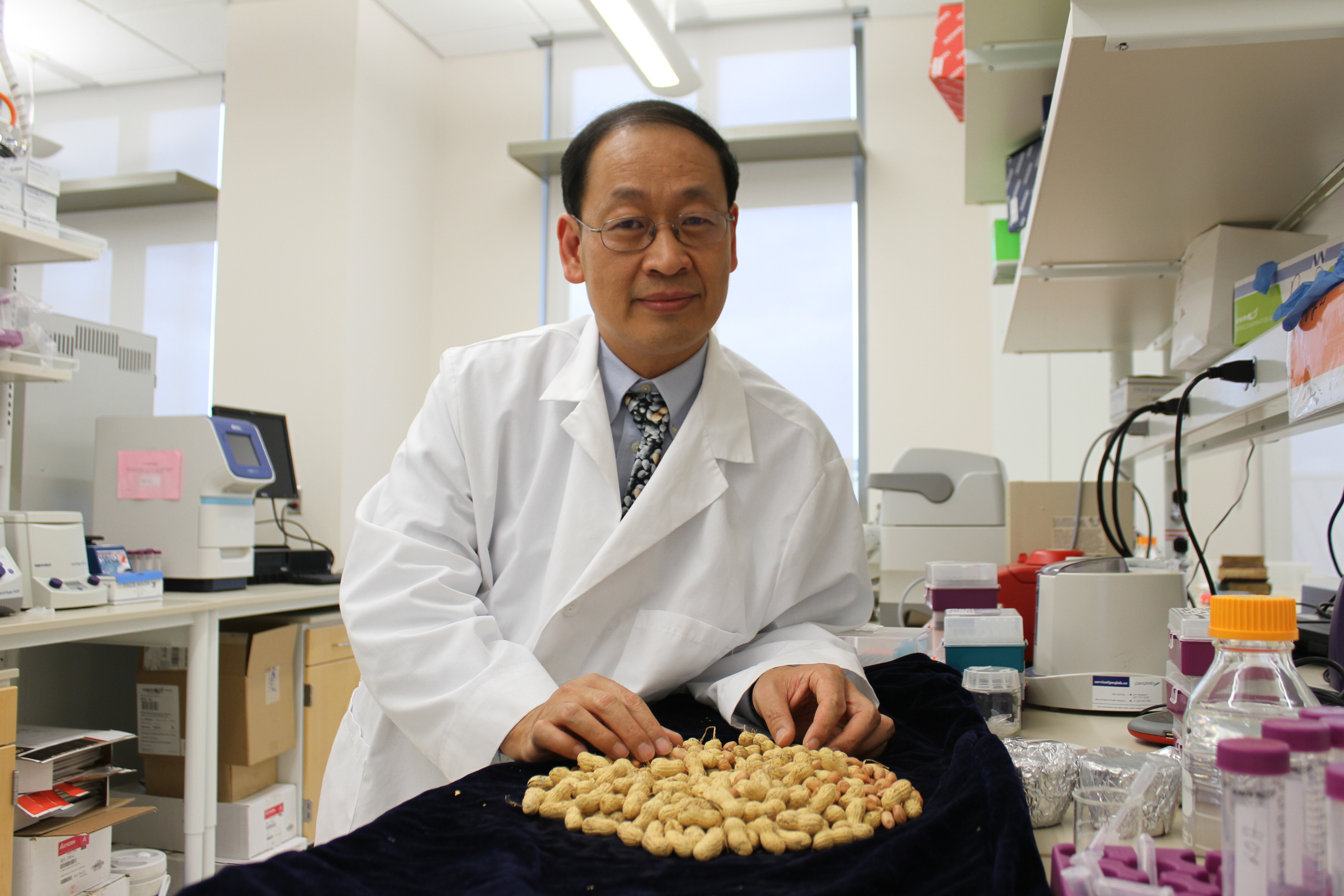 Professor Charles Chen in his lab, displaying peanuts