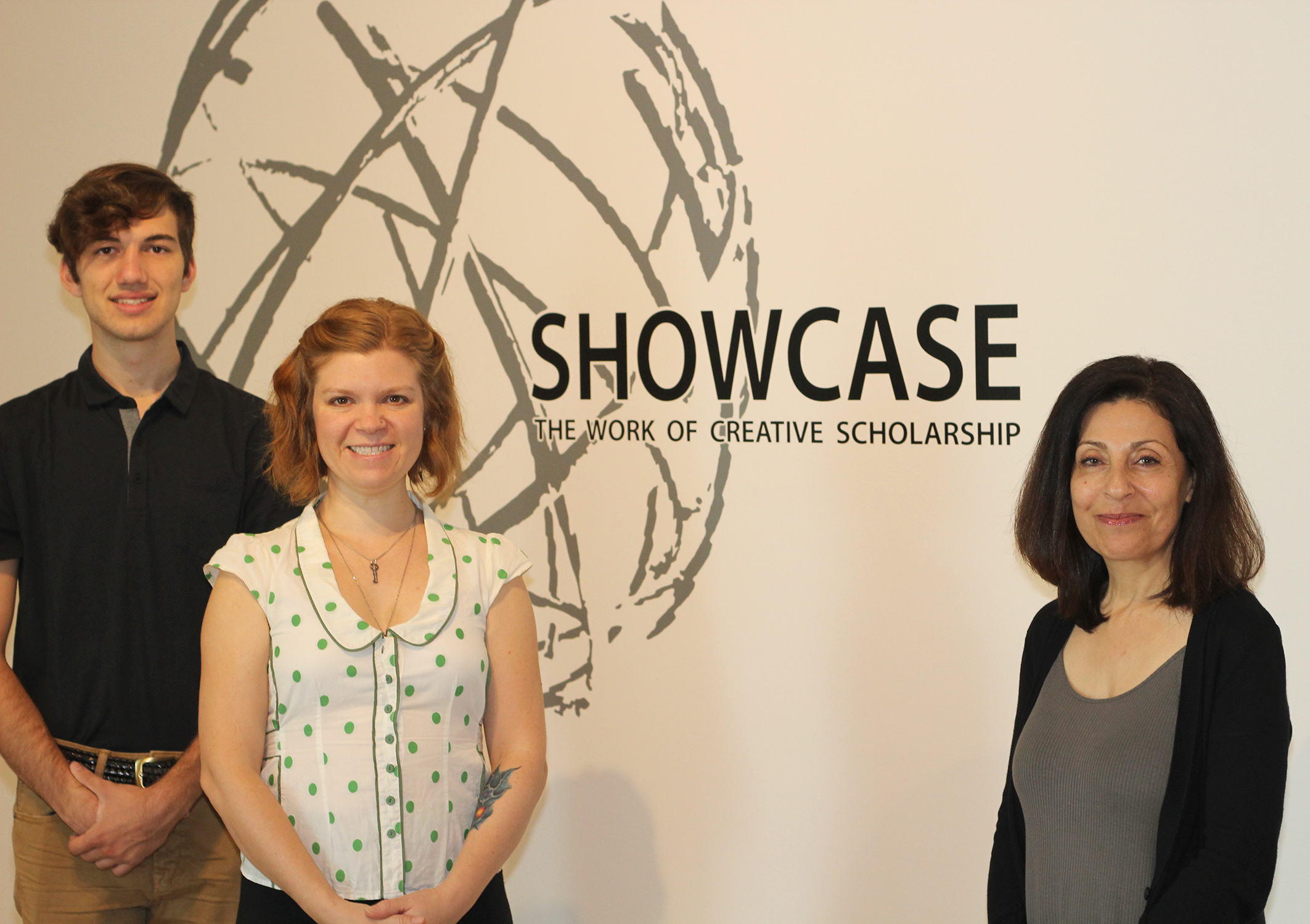 Artists featured in SHOWCASE event: Jack Stoffel, theatre student; Annie Campbell, art professor; and Fereshteh Rostampour, event organizer and professor of lighting and set design.