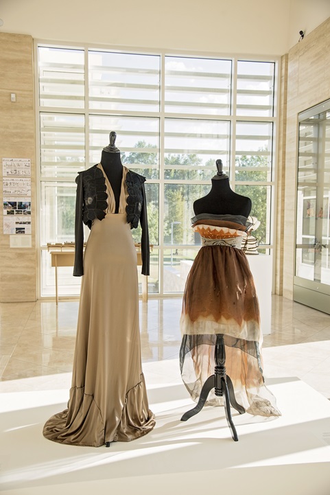 dresses on display at a past Showcase event in the Jule Collins Smith Museum