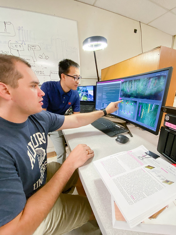 Doctoral student Rafael Bidese Puhl, left, and Assistant Professor of Biosystems Engineering Yin Bao view information on a computer screen.