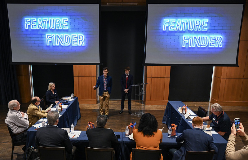 Zane Barbao and Luke Matthews present Feature Finder to judges in Tiger Cage semifinals.