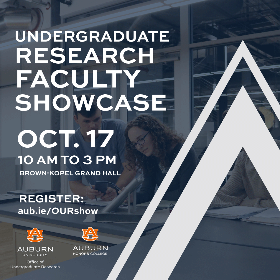 Undergraduate Research Faculty Showcase Oct. 17 2023 10 AM to 3 PM Brown-Kopel Grand Hall graphic with image of students in lab; Register: aub.ie/OURshow ; Auburn University and Auburn Honors College logos