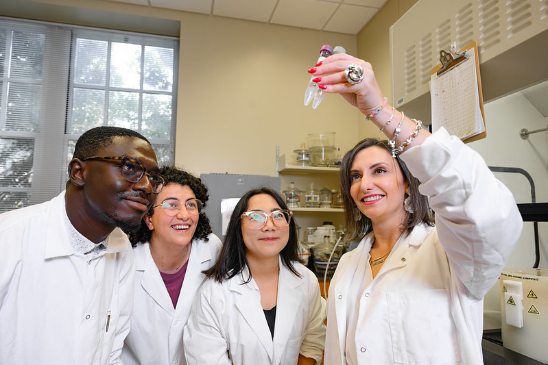 Soledad Peresin, right, is pictured with researchers in the Sustainable Bio-based Materials Laboratory of the College of Forestry, Wildlife and Environment.