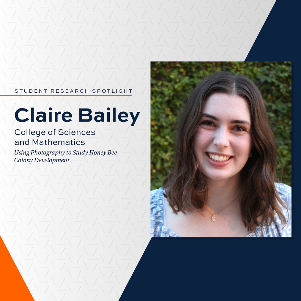 orange and blue Student Research Spotlight graphic with photo of Claire Bailey outdoors, College of Sciences and Mathematics, Using Photography to Study Honey Bee Colony Development