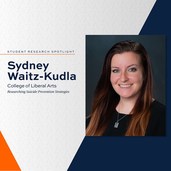 orange and blue Student Research Spotlight graphic with photo of Sydney Waitz-Kudla; College of Liberal Arts; Researching Suicide Prevention Strategies