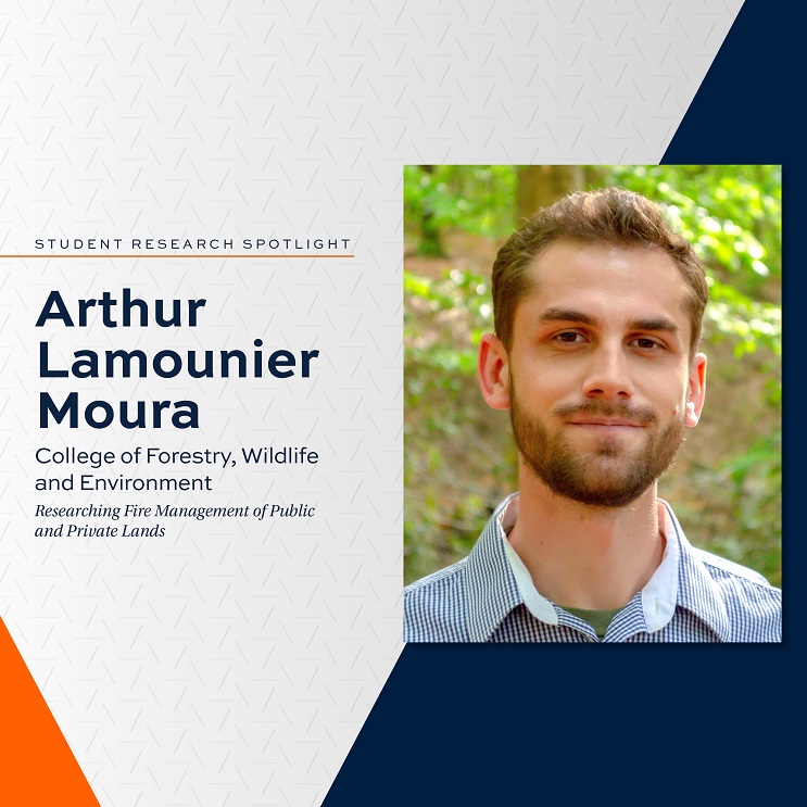 Student Research Spotlight orange and blue graphic with photo of Arthur Lamounier Moura; College of Forestry, Wildlife and Environment; Researching Fire Management of Public and Private Lands