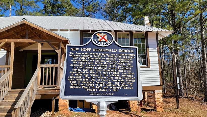 The New Hope Rosenwald School in Chambers County, Alabama, with historical marker in foreground